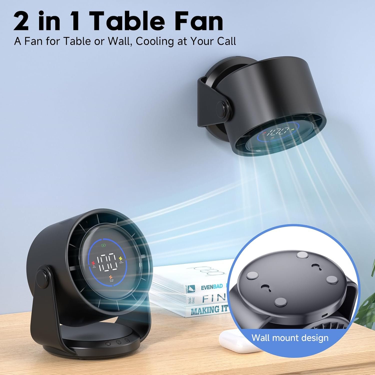 Ventilador de escritorio, ventilador de mesa turbo para dormitorio, pantalla digital de 100 velocidades, bajo ruido, inclinación ajustable de 105°, batería recargable, diseño de pared para el - Imagen 2