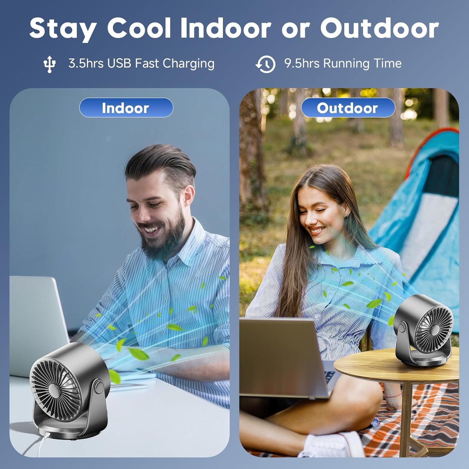 Ventilador de escritorio, ventilador de mesa turbo para dormitorio, pantalla digital de 100 velocidades, bajo ruido, inclinación ajustable de 105°, batería recargable, diseño de pared para el - Imagen 3