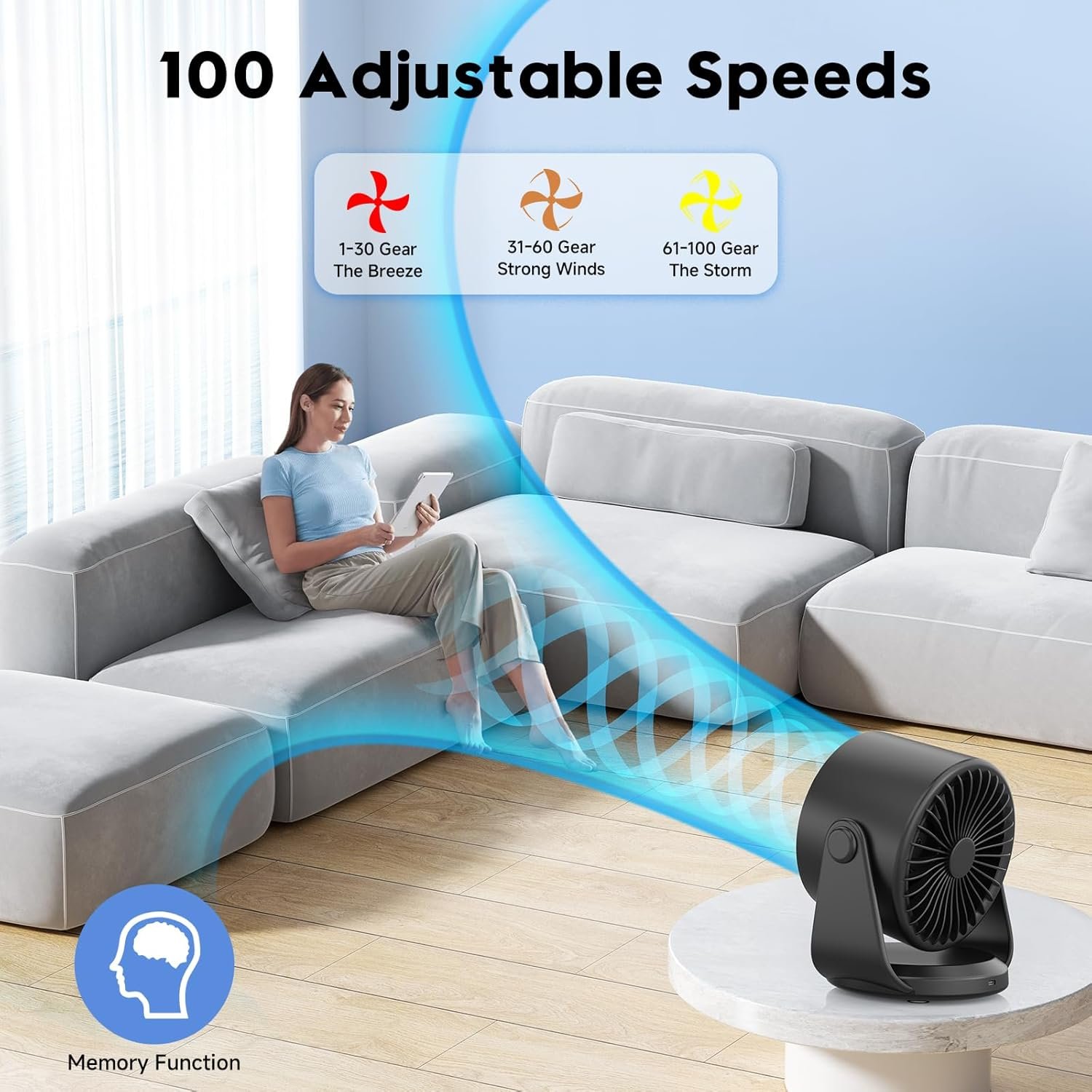 Ventilador de escritorio, ventilador de mesa turbo para dormitorio, pantalla digital de 100 velocidades, bajo ruido, inclinación ajustable de 105°, batería recargable, diseño de pared para el - Imagen 6