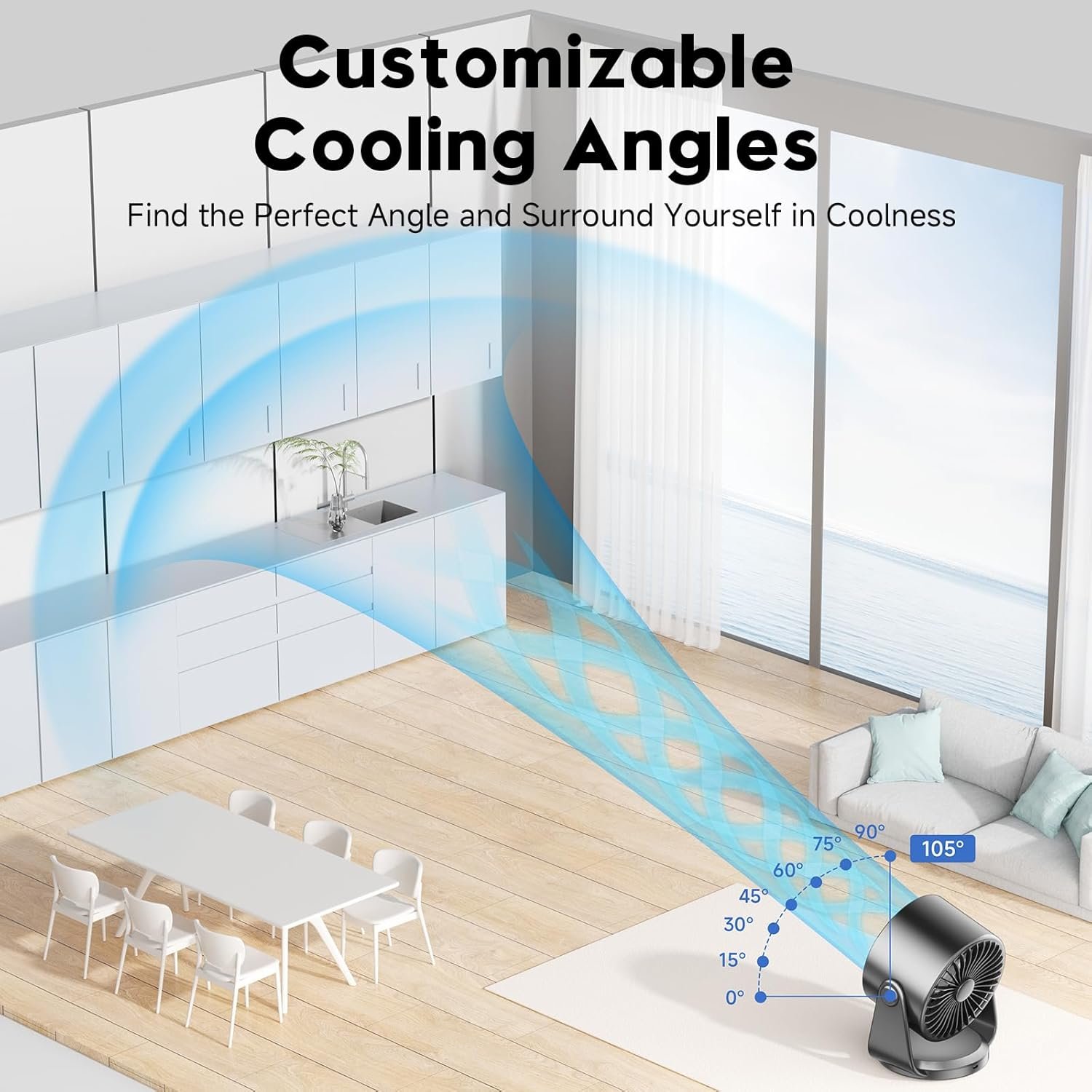 Ventilador de escritorio, ventilador de mesa turbo para dormitorio, pantalla digital de 100 velocidades, bajo ruido, inclinación ajustable de 105°, batería recargable, diseño de pared para el - Imagen 7