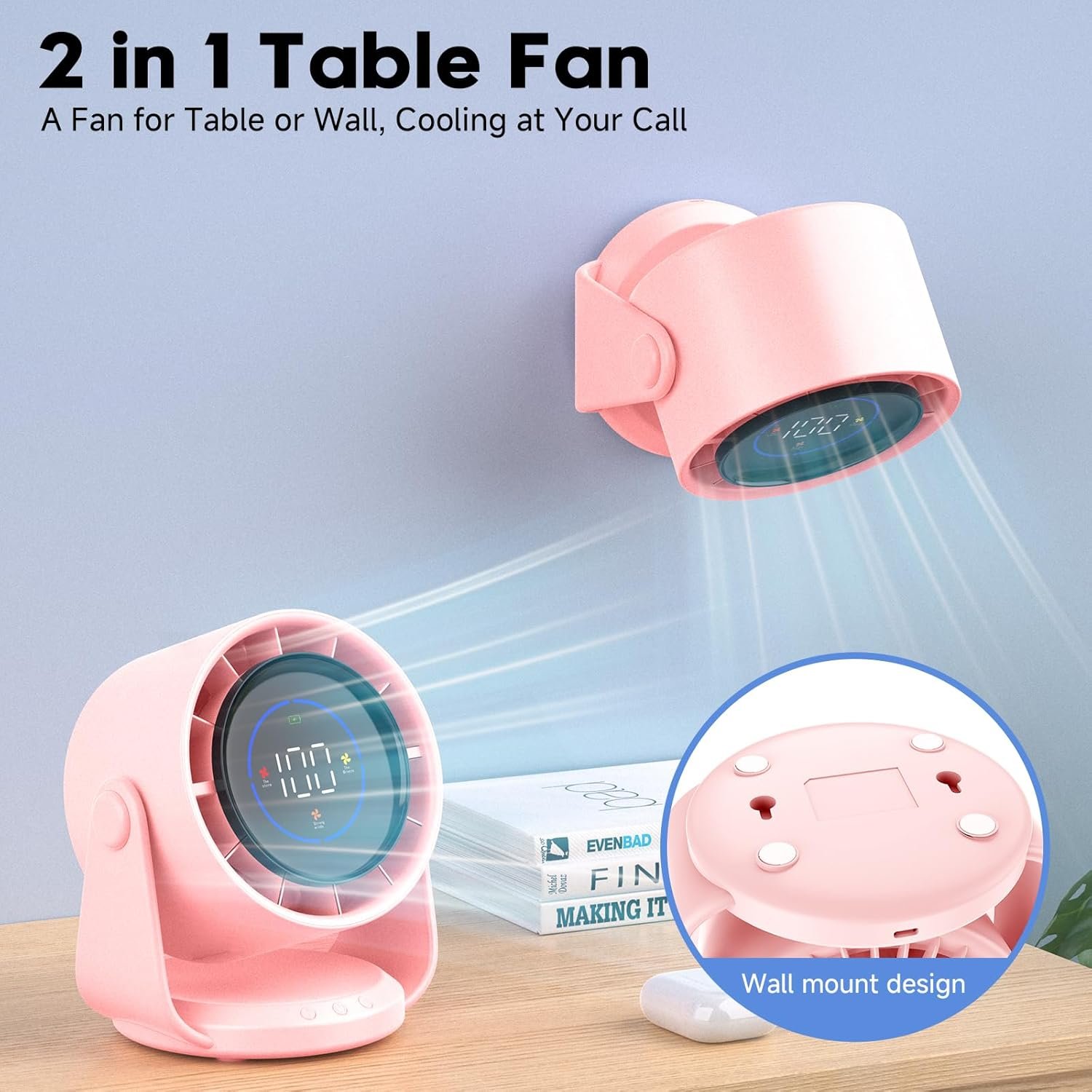 Ventilador de escritorio, ventilador de mesa turbo para dormitorio, pantalla digital de 100 velocidades, bajo ruido, inclinación ajustable de 105°, batería recargable, diseño de pared para el - Imagen 9