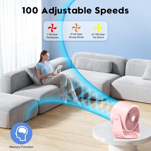 Ventilador de escritorio, ventilador de mesa turbo para dormitorio, pantalla digital de 100 velocidades, bajo ruido, inclinación ajustable de 105°, batería recargable, diseño de pared para el - Imagen 14