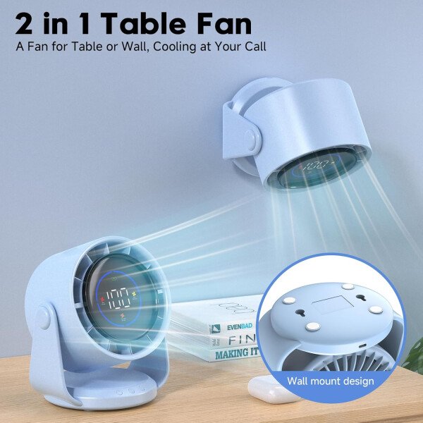 Ventilador de escritorio, ventilador de mesa turbo para dormitorio, pantalla digital de 100 velocidades, bajo ruido, inclinación ajustable de 105°, batería recargable, diseño de pared para el - Imagen 17