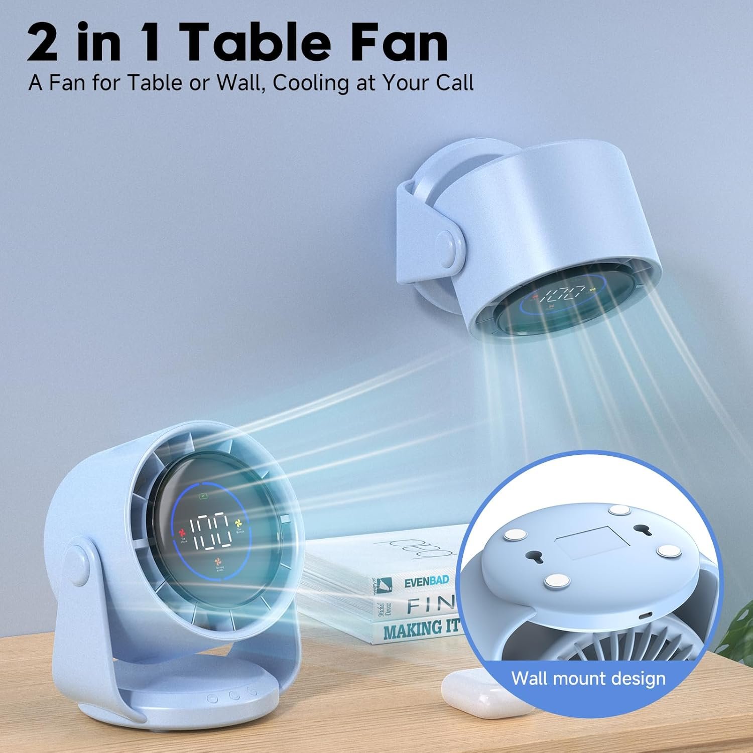 Ventilador de escritorio, ventilador de mesa turbo para dormitorio, pantalla digital de 100 velocidades, bajo ruido, inclinación ajustable de 105°, batería recargable, diseño de pared para el - Imagen 17