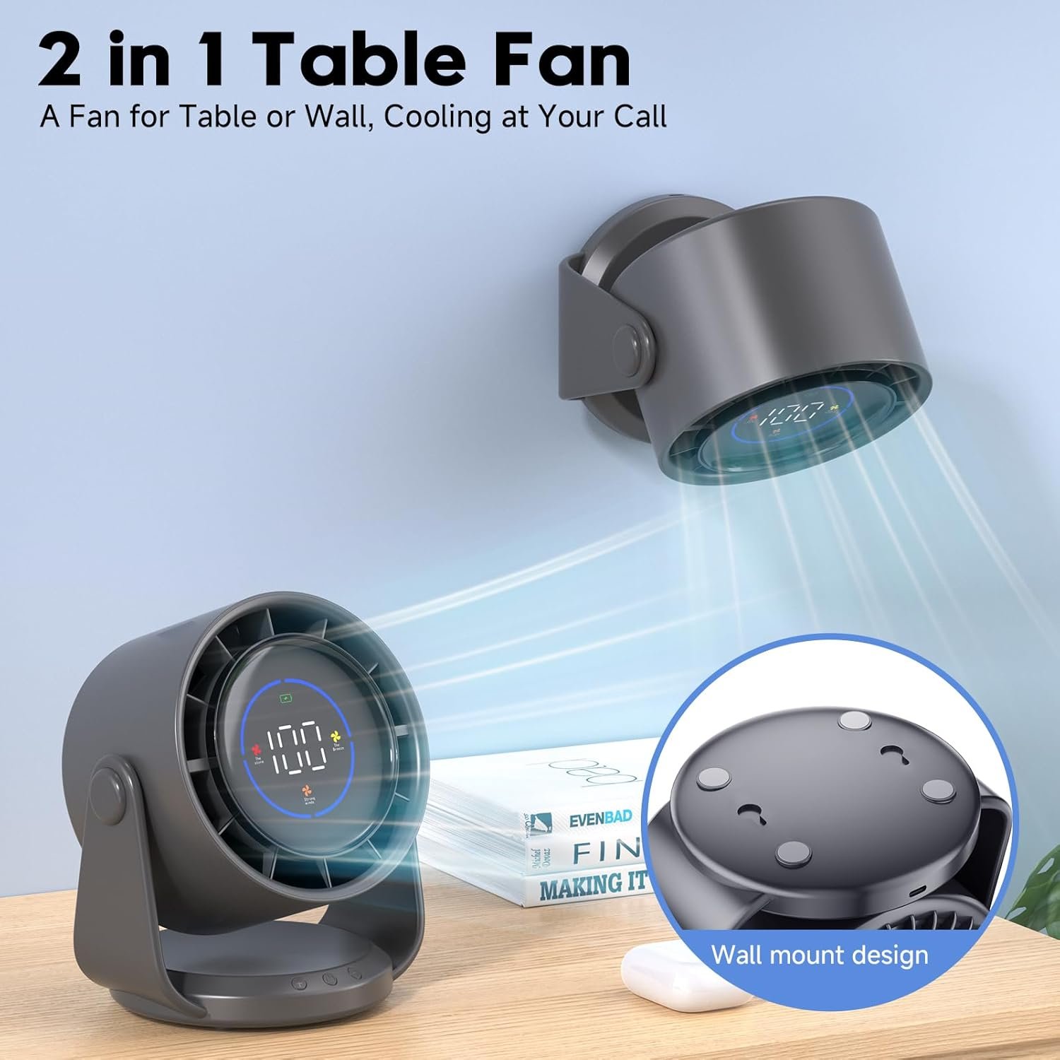 Ventilador de escritorio, ventilador de mesa turbo para dormitorio, pantalla digital de 100 velocidades, bajo ruido, inclinación ajustable de 105°, batería recargable, diseño de pared para el - Imagen 23