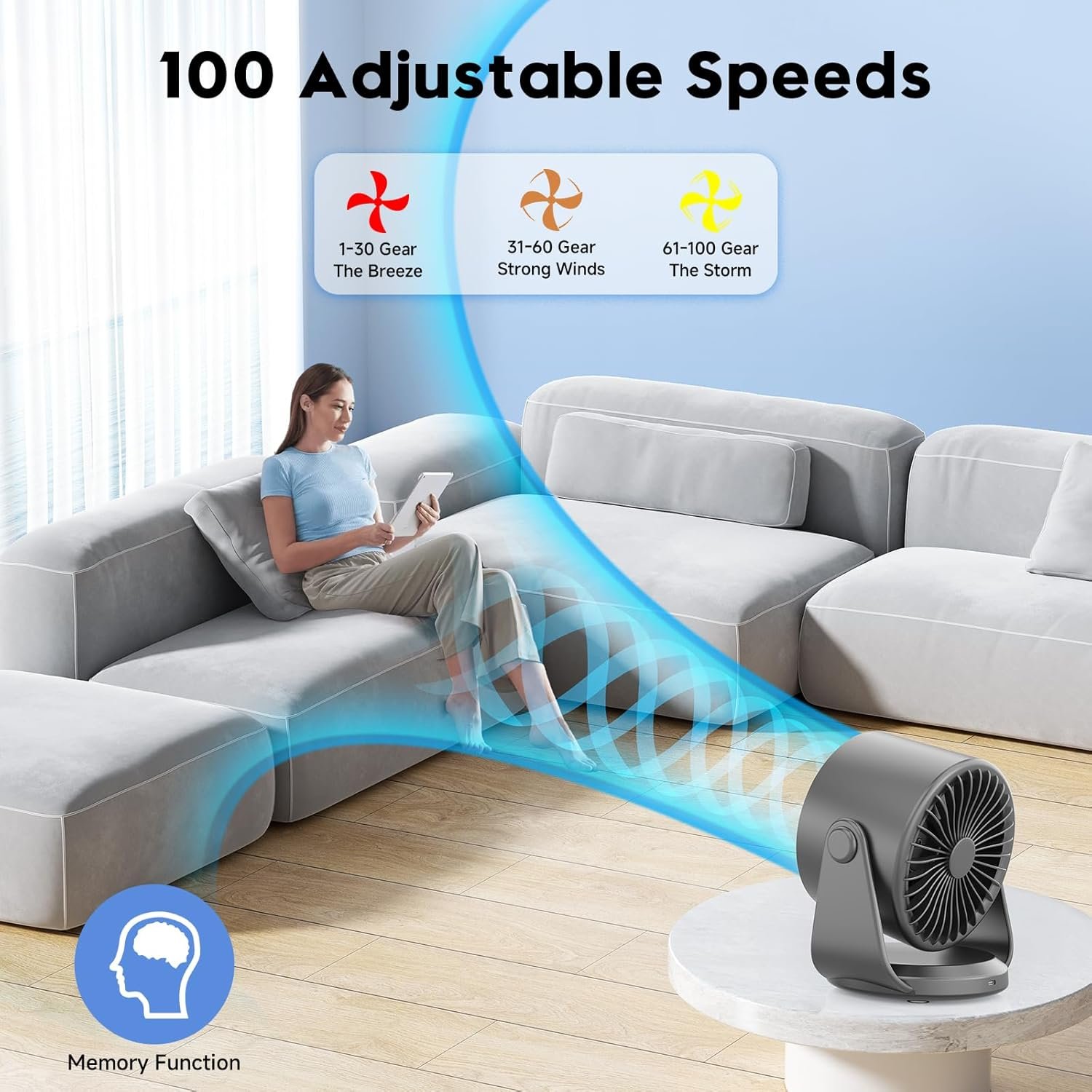 Ventilador de escritorio, ventilador de mesa turbo para dormitorio, pantalla digital de 100 velocidades, bajo ruido, inclinación ajustable de 105°, batería recargable, diseño de pared para el - Imagen 25