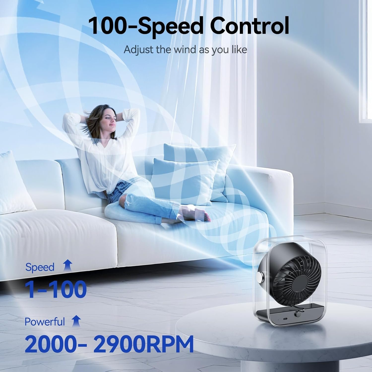 Ventilador de escritorio USB, ventilador de mesa silencioso con flujo de aire turbo, 100 velocidades, pantalla digital, rotación de 90°, pequeños ventiladores de escritorio con batería - Imagen 3