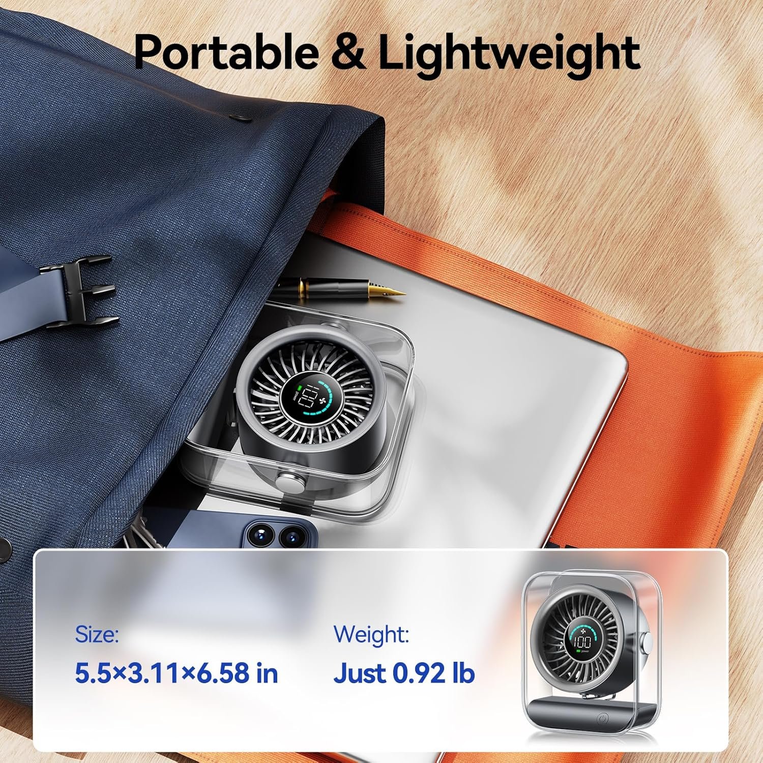 Ventilador de escritorio USB, ventilador de mesa silencioso con flujo de aire turbo, 100 velocidades, pantalla digital, rotación de 90°, pequeños ventiladores de escritorio con batería - Imagen 6