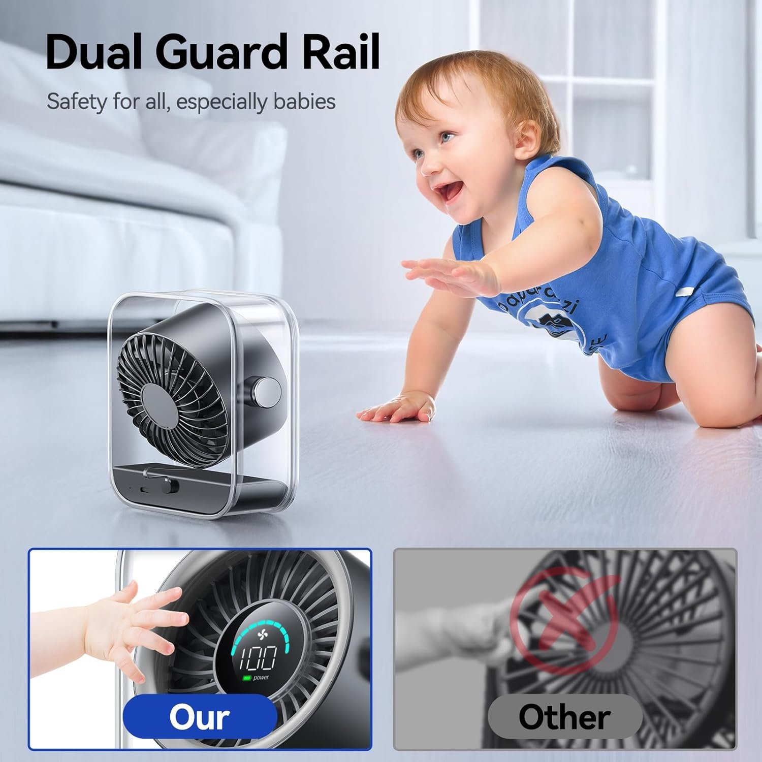 Ventilador de escritorio USB, ventilador de mesa silencioso con flujo de aire turbo, 100 velocidades, pantalla digital, rotación de 90°, pequeños ventiladores de escritorio con batería - Imagen 7