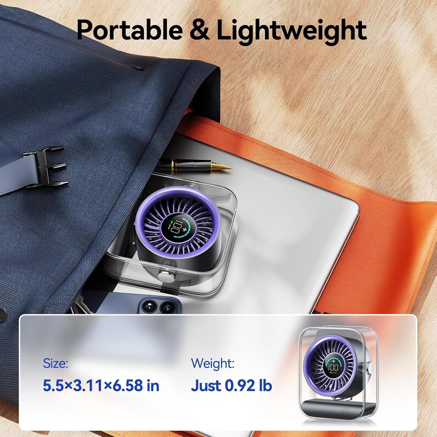 Ventilador de escritorio USB, ventilador de mesa silencioso con flujo de aire turbo, 100 velocidades, pantalla digital, rotación de 90°, pequeños ventiladores de escritorio con batería - Imagen 12
