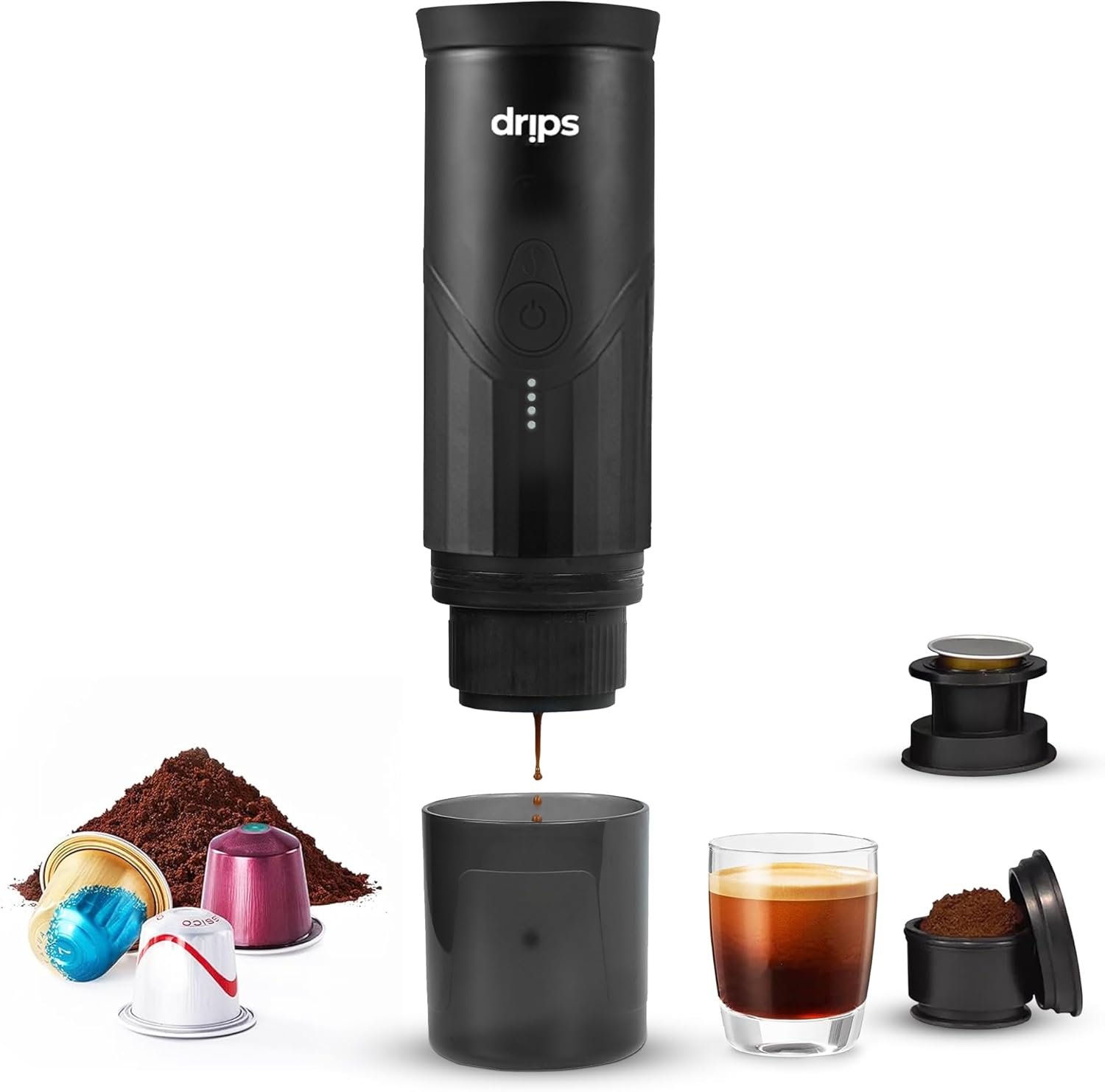 drips Máquina de café espresso eléctrica portátil con autocalentamiento de 3 a 4 minutos, mini cafetera de 20 bares compatible con cápsulas NS y café molido para campamento, viajes, senderismo,