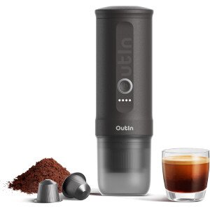 OutIn Máquina de café espresso eléctrica portátil nano, cafetera de viaje para camping, cafetera de auto con calentamiento automático con USB-C, con café molido y cápsula NS para RV, senderismo