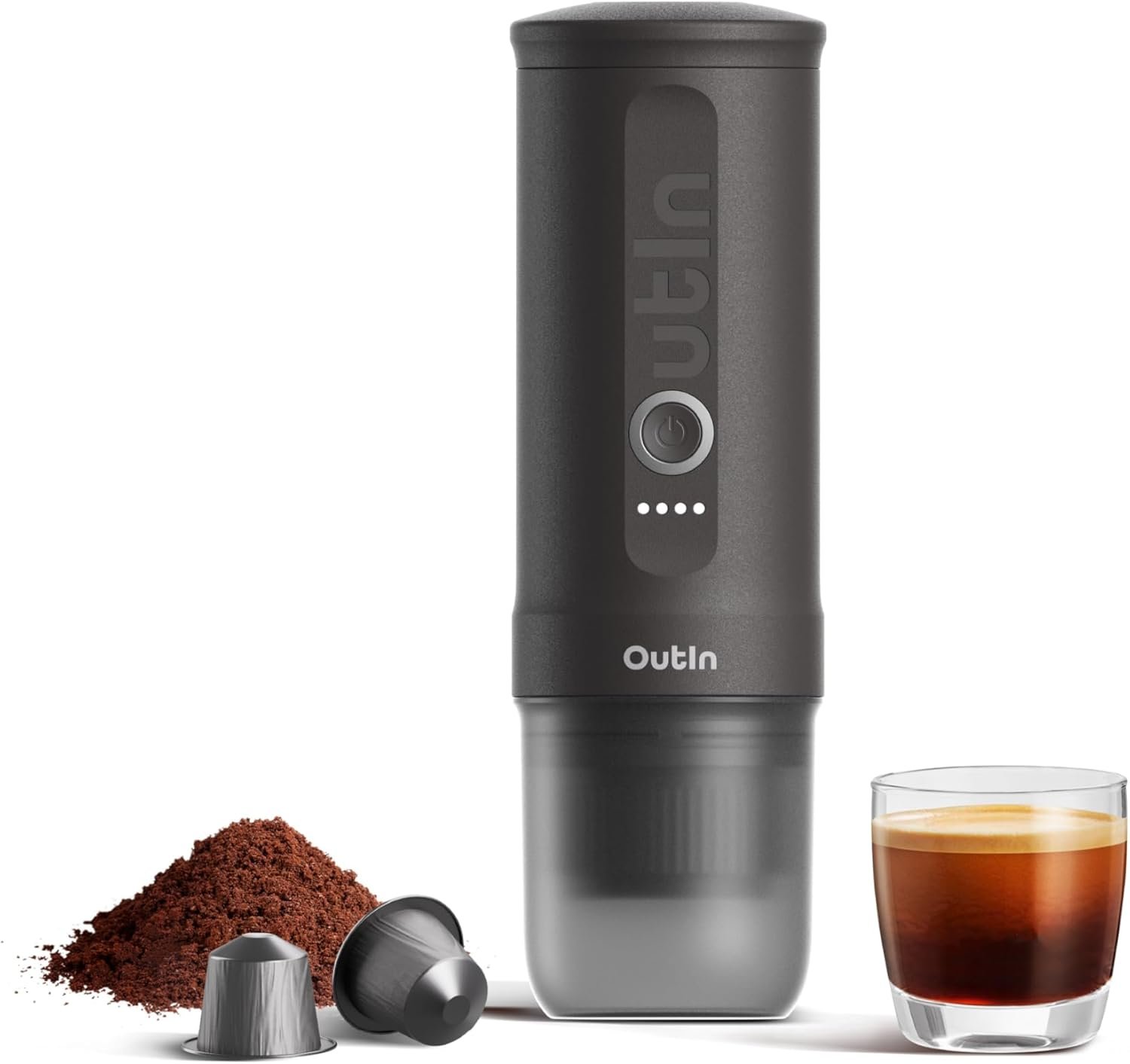 OutIn Máquina de café espresso eléctrica portátil nano, cafetera de viaje para camping, cafetera de auto con calentamiento automático con USB-C, con café molido y cápsula NS para RV, senderismo