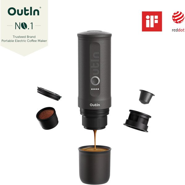 OutIn Máquina de café espresso eléctrica portátil nano, cafetera de viaje para camping, cafetera de auto con calentamiento automático con USB-C, con café molido y cápsula NS para RV, senderismo - Imagen 2