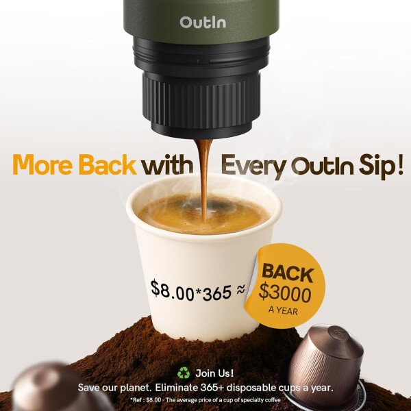 OutIn Máquina de café espresso eléctrica portátil nano, cafetera de viaje para camping, cafetera de auto con calentamiento automático con USB-C, con café molido y cápsula NS para RV, senderismo - Imagen 7