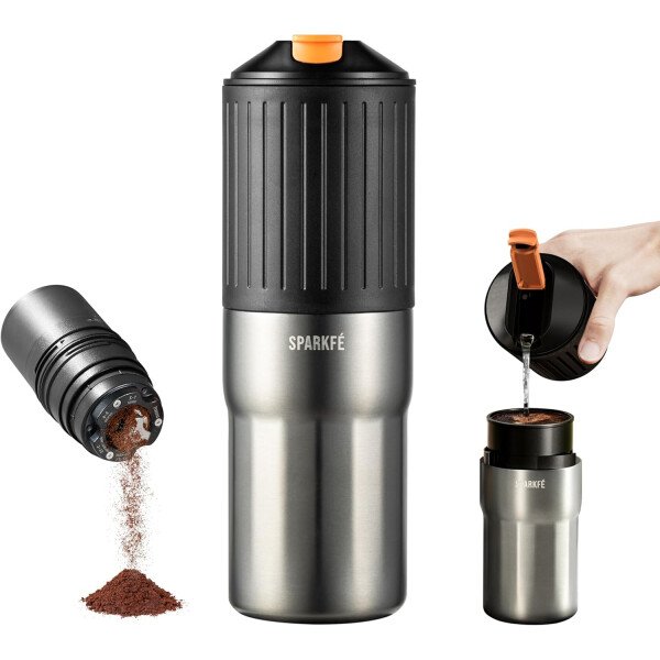 Cafetera portátil para verter, molinillo eléctrico recargable con rebaba cónica de acero inoxidable, kit integrado de preparación manual con filtro de acero inoxidable gotero y tazas de viaje, para