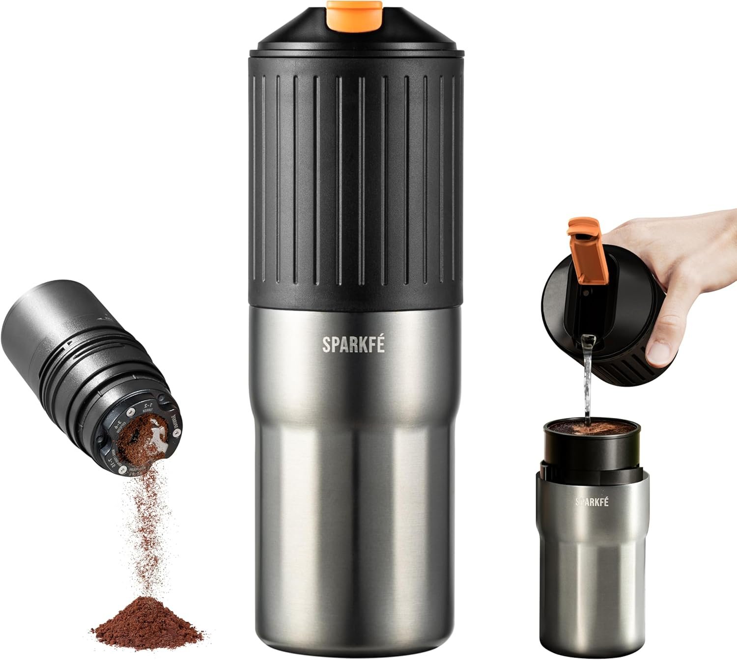 Cafetera portátil para verter, molinillo eléctrico recargable con rebaba cónica de acero inoxidable, kit integrado de preparación manual con filtro de acero inoxidable gotero y tazas de viaje, para