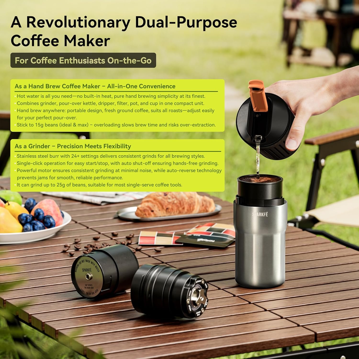 Cafetera portátil para verter, molinillo eléctrico recargable con rebaba cónica de acero inoxidable, kit integrado de preparación manual con filtro de acero inoxidable gotero y tazas de viaje, para - Imagen 2