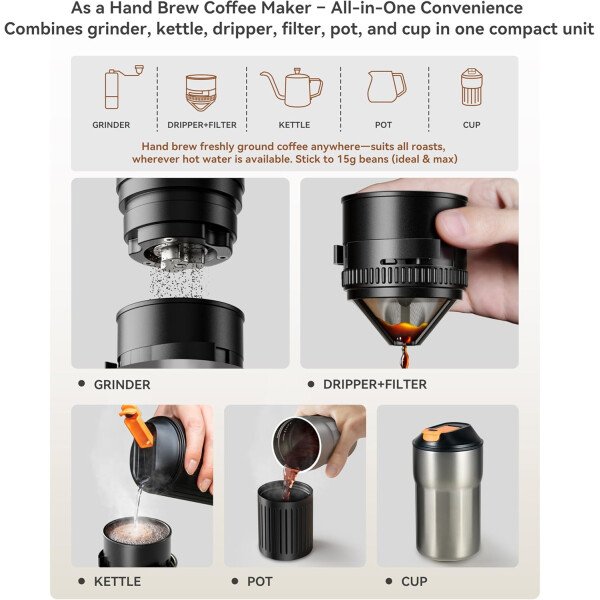 Cafetera portátil para verter, molinillo eléctrico recargable con rebaba cónica de acero inoxidable, kit integrado de preparación manual con filtro de acero inoxidable gotero y tazas de viaje, para - Imagen 3