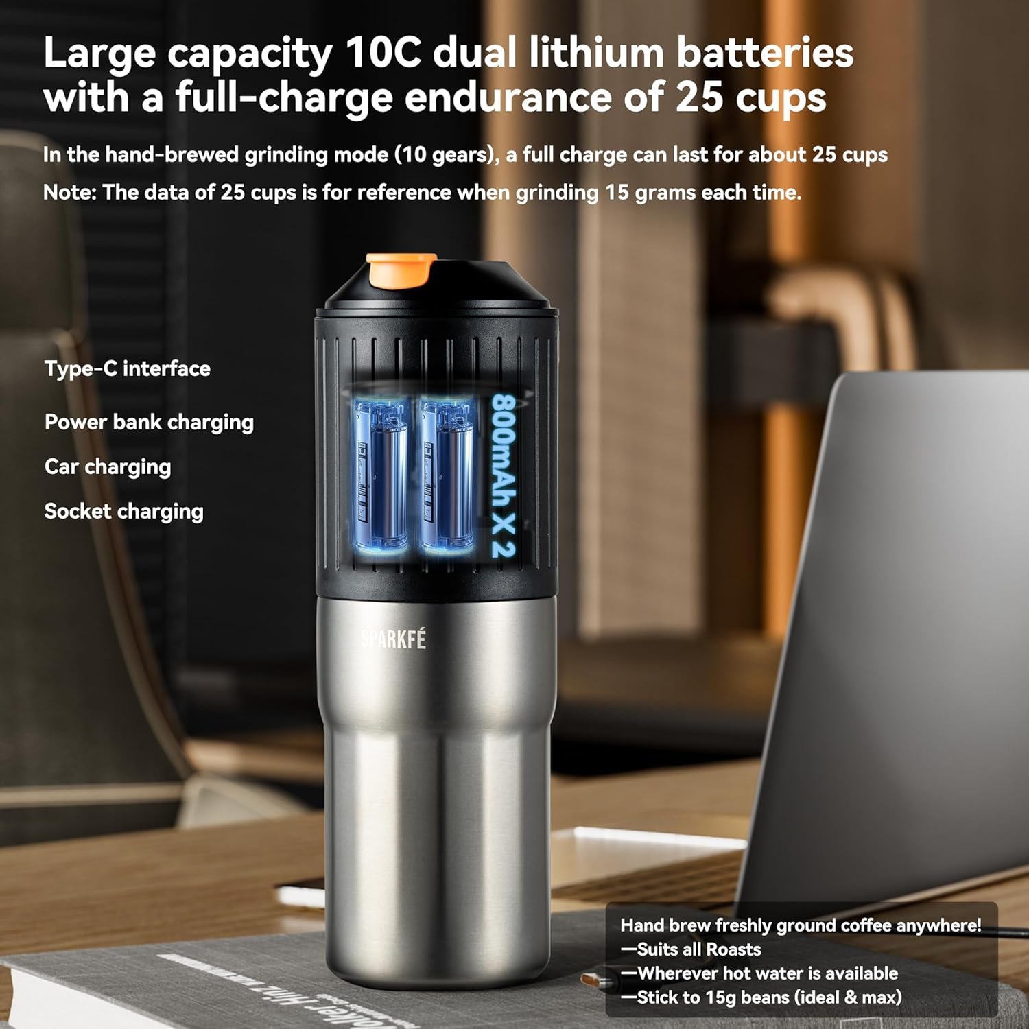 Cafetera portátil para verter, molinillo eléctrico recargable con rebaba cónica de acero inoxidable, kit integrado de preparación manual con filtro de acero inoxidable gotero y tazas de viaje, para - Imagen 5