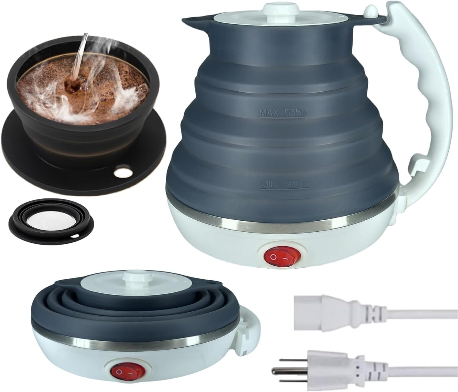 Hervidor eléctrico de viaje pequeño, hervidor eléctrico Collpasible, hervidor de té portátil + gotero plegable sin papel para verter sobre café, cafetera de viaje, taza individual (negro)