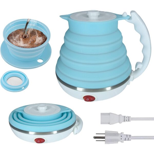 Hervidor eléctrico de viaje pequeño, hervidor eléctrico Collpasible, hervidor de té portátil + gotero plegable sin papel para verter sobre café, cafetera de viaje, taza individual (negro) - Imagen 22