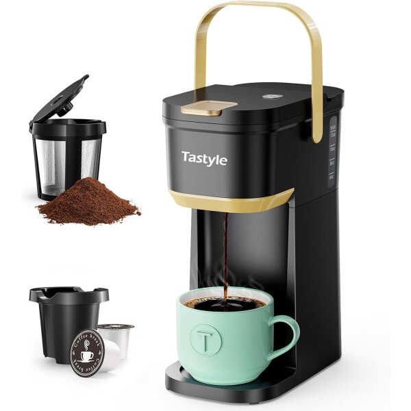 Cafetera de una sola taza, para tazas K y molidos, mini cafetera con mango portátil, tamaño de preparación de 6 a 12 onzas, para viajes, camping, oficina, RV y dormitorio, 120 V, negro y