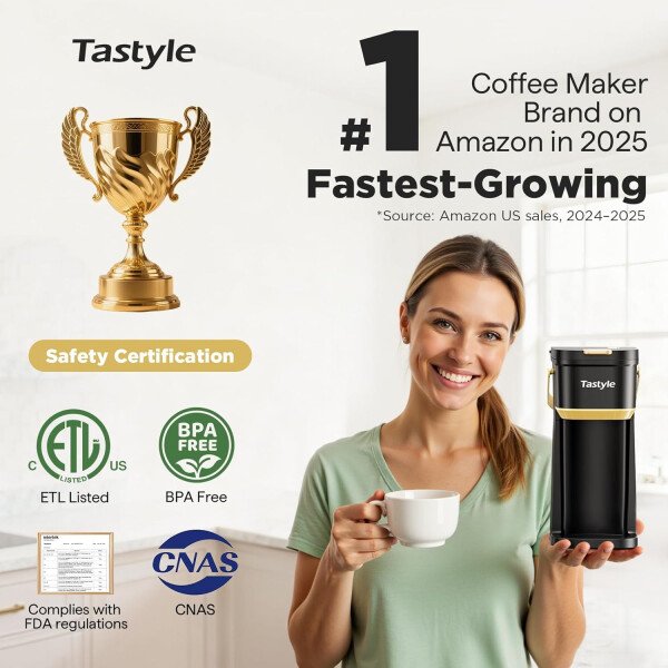 Cafetera de una sola taza, para tazas K y molidos, mini cafetera con mango portátil, tamaño de preparación de 6 a 12 onzas, para viajes, camping, oficina, RV y dormitorio, 120 V, negro y - Imagen 4