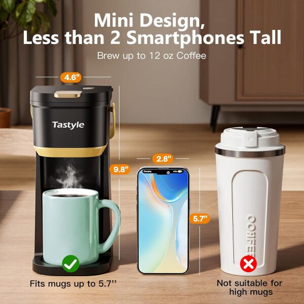 Cafetera de una sola taza, para tazas K y molidos, mini cafetera con mango portátil, tamaño de preparación de 6 a 12 onzas, para viajes, camping, oficina, RV y dormitorio, 120 V, negro y - Imagen 5