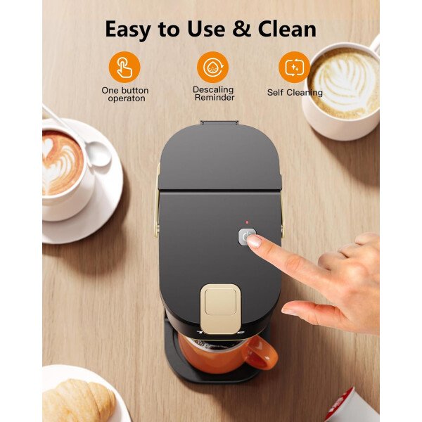 Cafetera de una sola taza, para tazas K y molidos, mini cafetera con mango portátil, tamaño de preparación de 6 a 12 onzas, para viajes, camping, oficina, RV y dormitorio, 120 V, negro y - Imagen 7