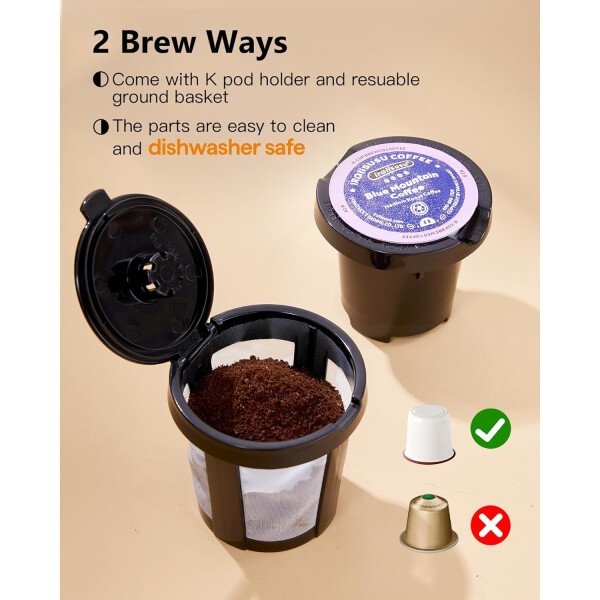 Cafetera de una sola taza, para tazas K y molidos, mini cafetera con mango portátil, tamaño de preparación de 6 a 12 onzas, para viajes, camping, oficina, RV y dormitorio, 120 V, negro y - Imagen 8