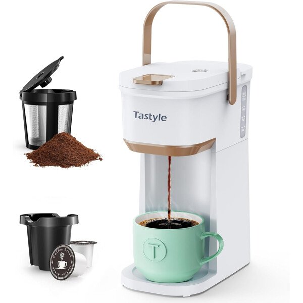 Cafetera de una sola taza, para tazas K y molidos, mini cafetera con mango portátil, tamaño de preparación de 6 a 12 onzas, para viajes, camping, oficina, RV y dormitorio, 120 V, negro y - Imagen 9
