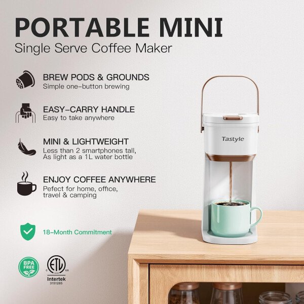 Cafetera de una sola taza, para tazas K y molidos, mini cafetera con mango portátil, tamaño de preparación de 6 a 12 onzas, para viajes, camping, oficina, RV y dormitorio, 120 V, negro y - Imagen 11