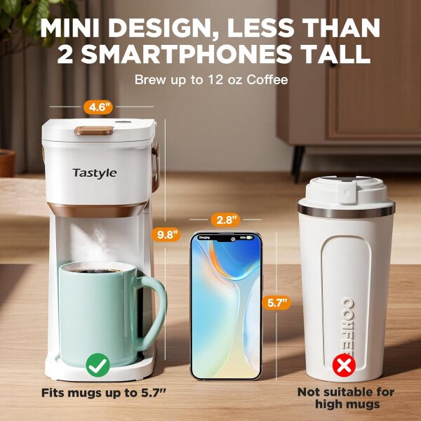Cafetera de una sola taza, para tazas K y molidos, mini cafetera con mango portátil, tamaño de preparación de 6 a 12 onzas, para viajes, camping, oficina, RV y dormitorio, 120 V, negro y - Imagen 13