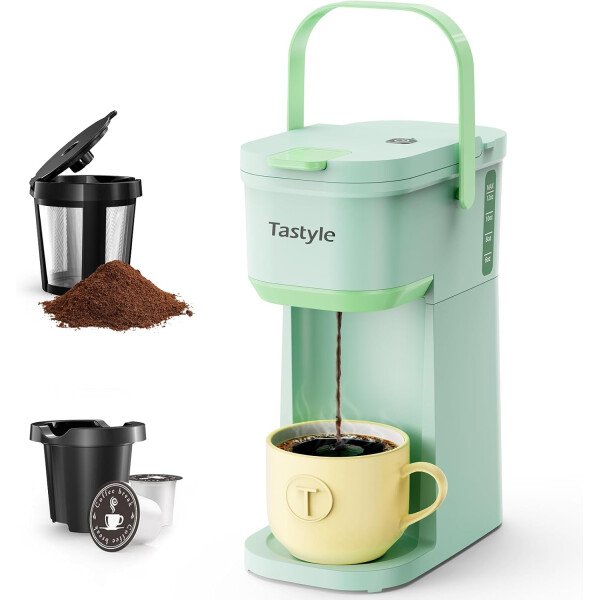 Cafetera de una sola taza, para tazas K y molidos, mini cafetera con mango portátil, tamaño de preparación de 6 a 12 onzas, para viajes, camping, oficina, RV y dormitorio, 120 V, negro y - Imagen 16