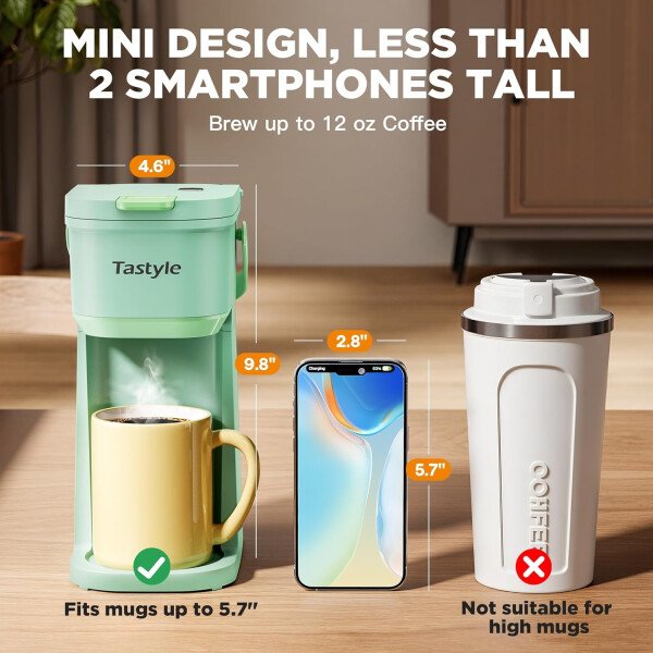 Cafetera de una sola taza, para tazas K y molidos, mini cafetera con mango portátil, tamaño de preparación de 6 a 12 onzas, para viajes, camping, oficina, RV y dormitorio, 120 V, negro y - Imagen 18