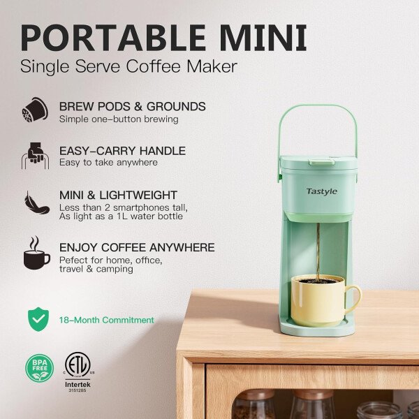 Cafetera de una sola taza, para tazas K y molidos, mini cafetera con mango portátil, tamaño de preparación de 6 a 12 onzas, para viajes, camping, oficina, RV y dormitorio, 120 V, negro y - Imagen 19