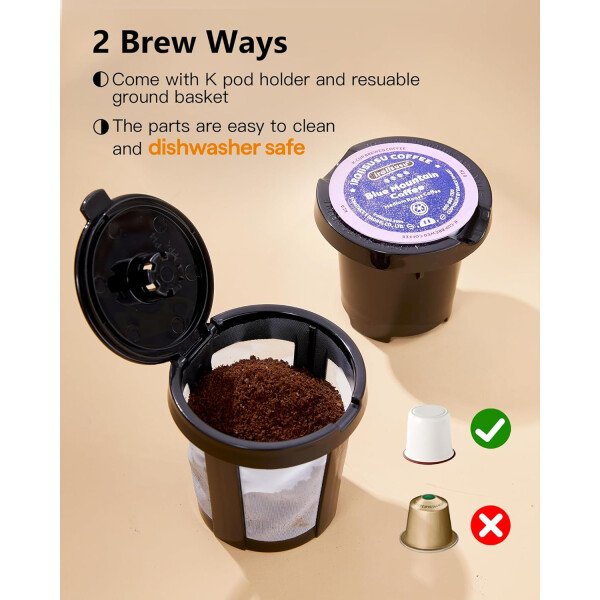 Cafetera de una sola taza, para tazas K y molidos, mini cafetera con mango portátil, tamaño de preparación de 6 a 12 onzas, para viajes, camping, oficina, RV y dormitorio, 120 V, negro y - Imagen 23