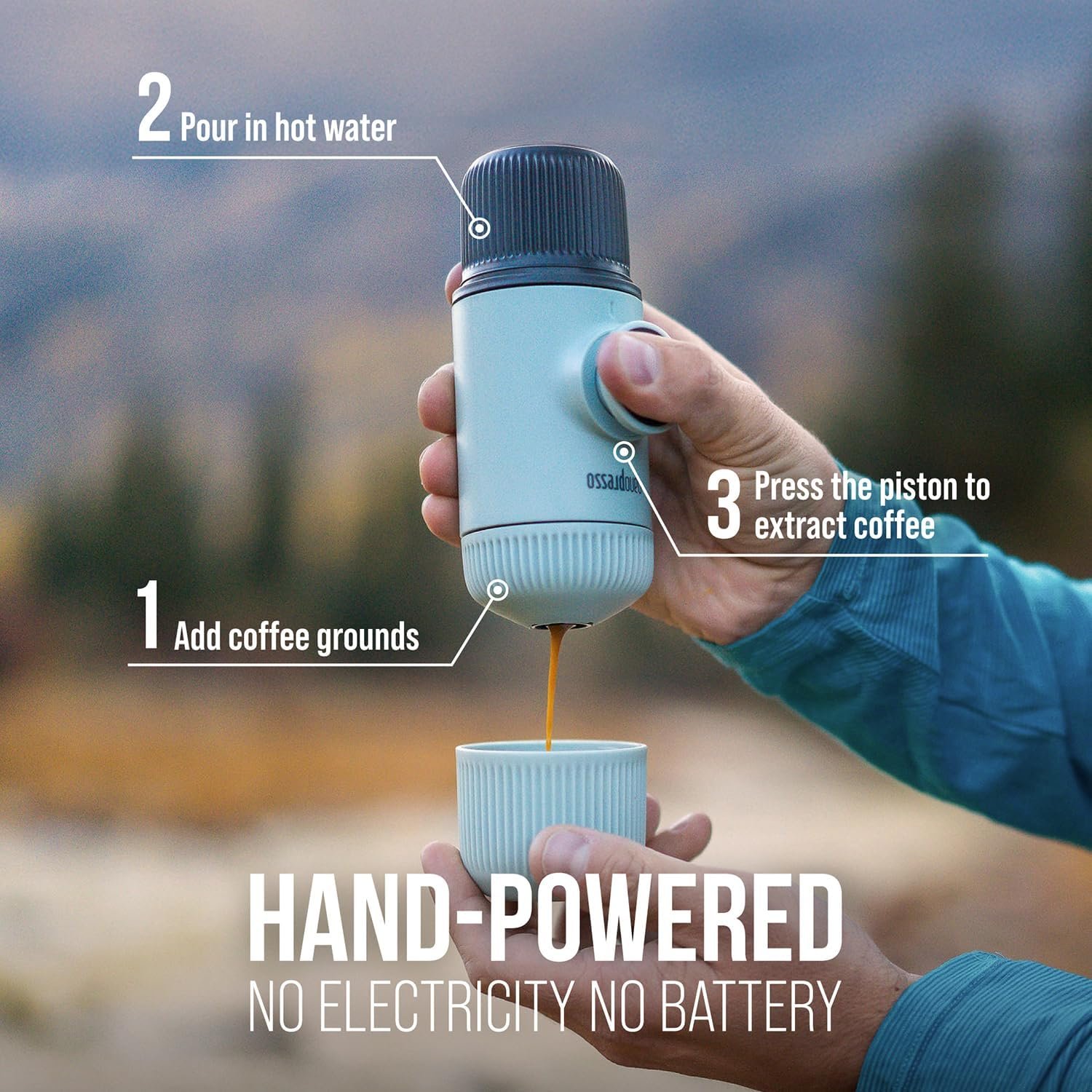 WACACO Nanopresso - Cafetera de café portátil con funda, mini cafetera de viaje, perfecta para camping, viajes y oficina (elementos azul ártico) - Imagen 4
