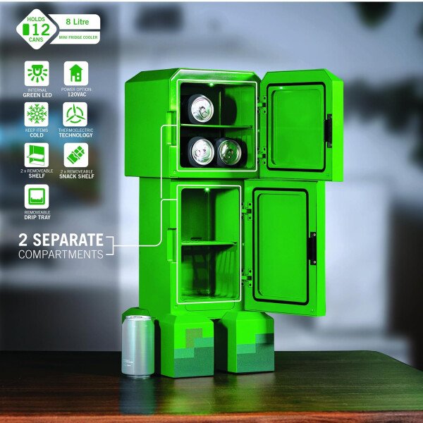 Ukonic Minecraft Legends Creeper - Mini refrigerador de 8 litros, capacidad para 12 latas, luces LED, enfriador termoeléctrico CA/CC, estantes extraíbles, compacto para dormitorio, oficina, juegos - Imagen 4