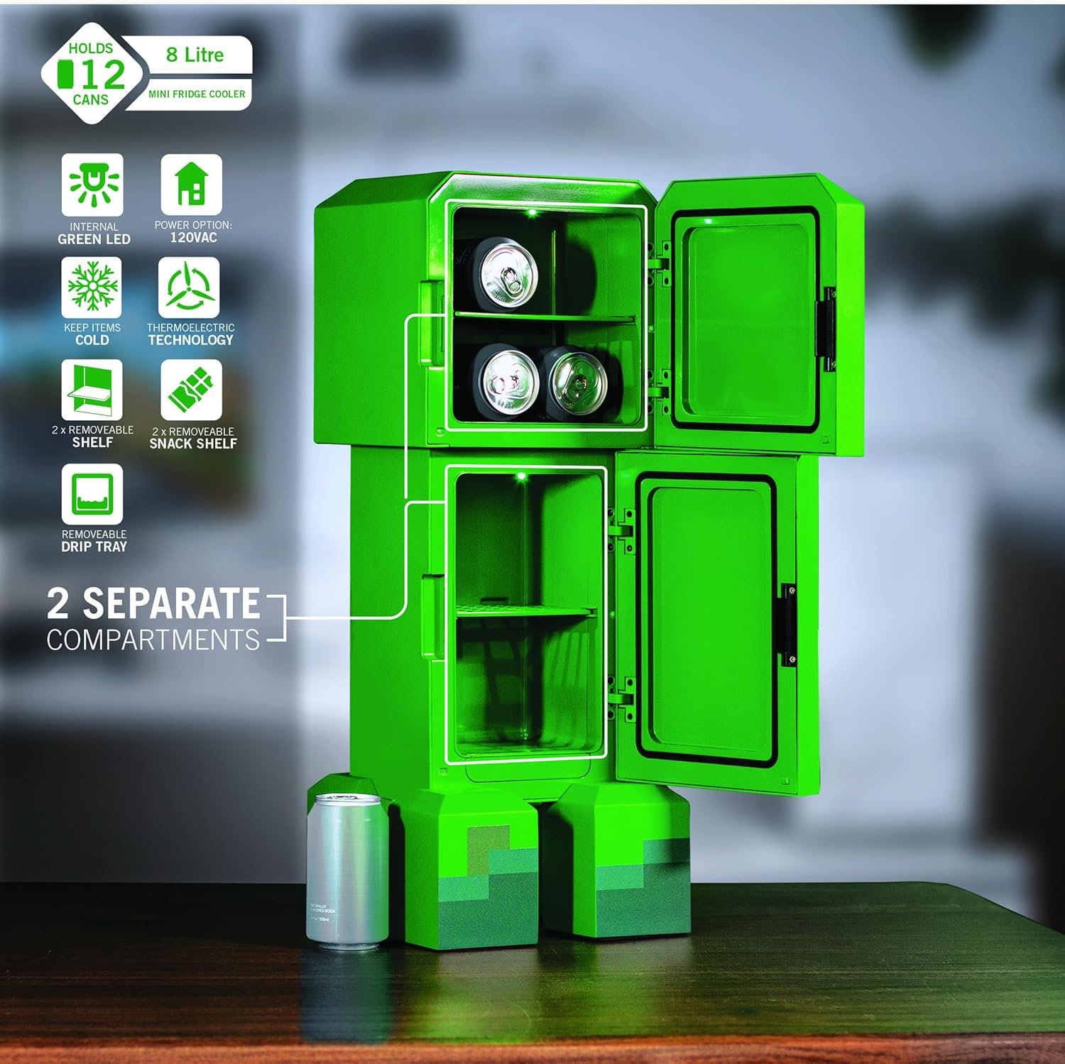 Ukonic Minecraft Legends Creeper - Mini refrigerador de 8 litros, capacidad para 12 latas, luces LED, enfriador termoeléctrico CA/CC, estantes extraíbles, compacto para dormitorio, oficina, juegos - Imagen 4