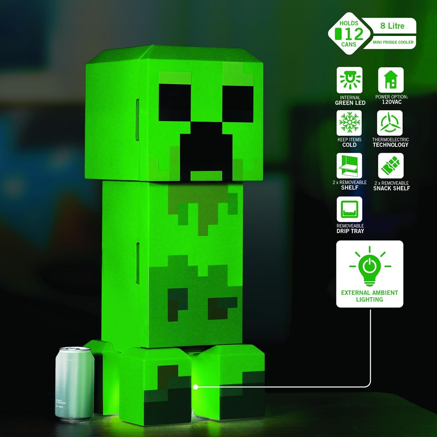 Ukonic Minecraft Legends Creeper - Mini refrigerador de 8 litros, capacidad para 12 latas, luces LED, enfriador termoeléctrico CA/CC, estantes extraíbles, compacto para dormitorio, oficina, juegos - Imagen 5