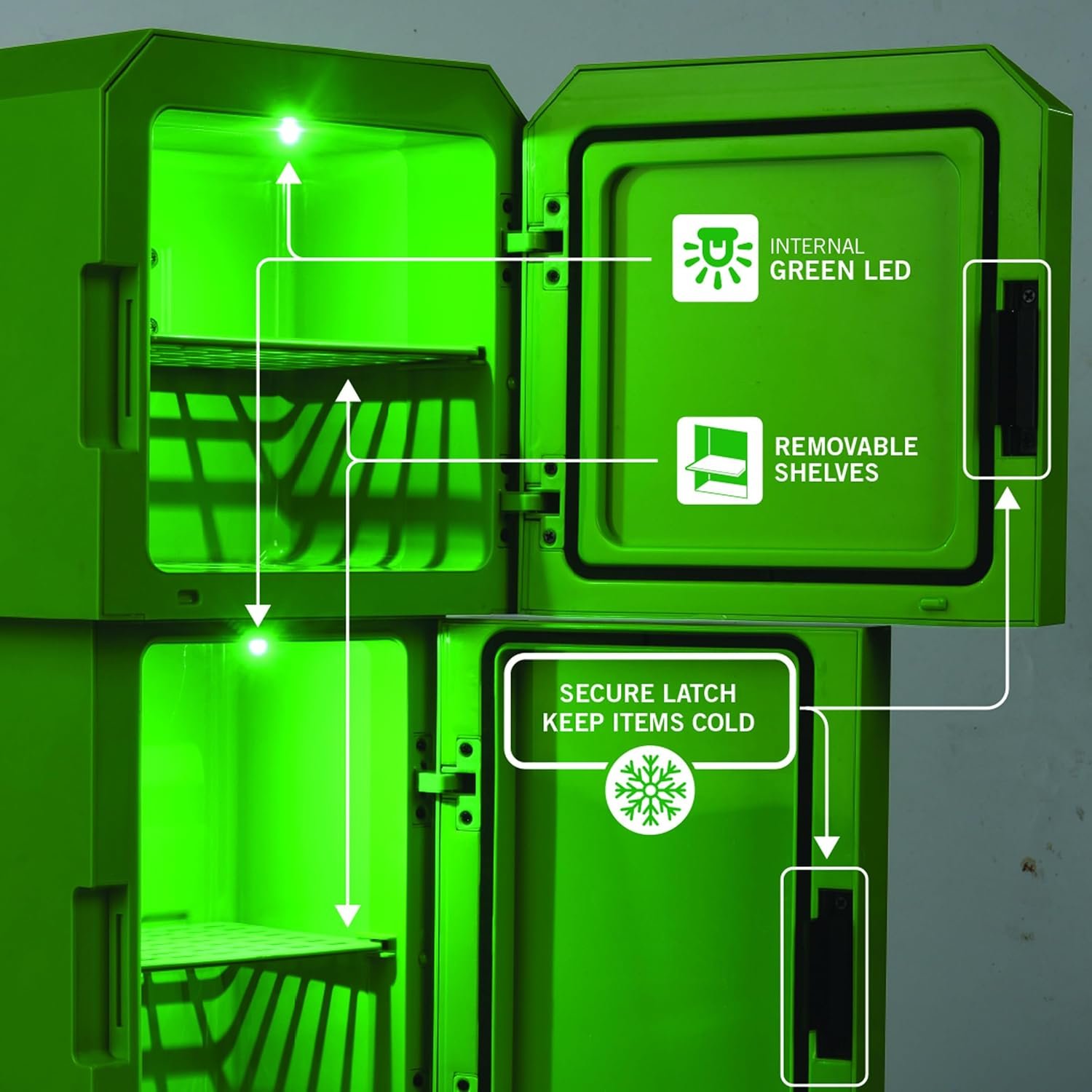 Ukonic Minecraft Legends Creeper - Mini refrigerador de 8 litros, capacidad para 12 latas, luces LED, enfriador termoeléctrico CA/CC, estantes extraíbles, compacto para dormitorio, oficina, juegos - Imagen 8