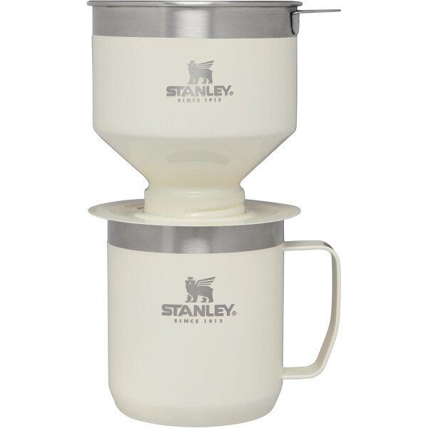 Stanley Perfect Brew - Juego de taza de campamento de 12 onzas con tapa incluida, cafetera de goteo con filtro reutilizable, acero inoxidable aislado sin BPA, color crema brillante