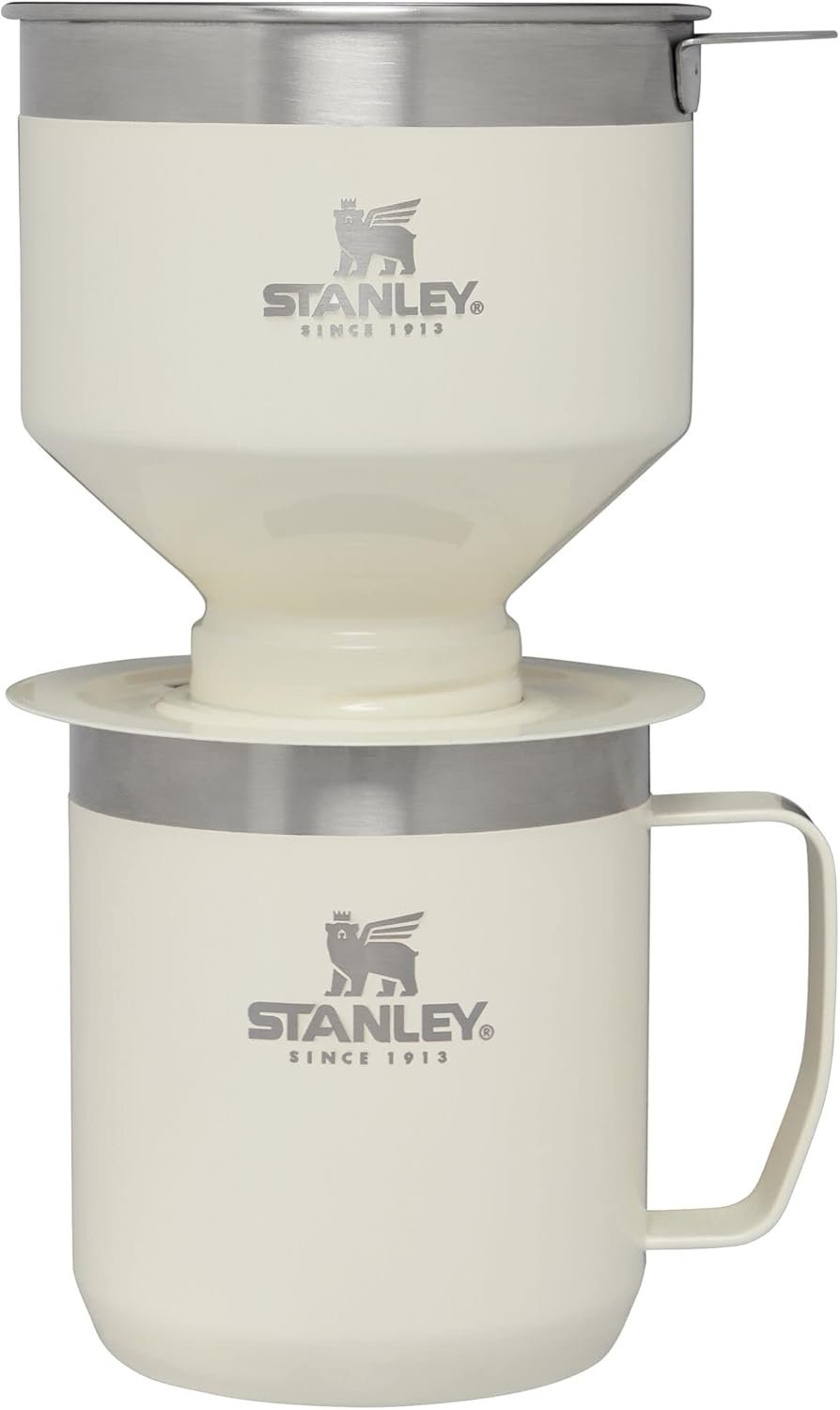 Stanley Perfect Brew - Juego de taza de campamento de 12 onzas con tapa incluida, cafetera de goteo con filtro reutilizable, acero inoxidable aislado sin BPA, color crema brillante