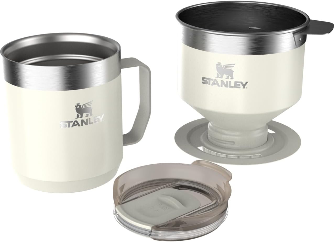Stanley Perfect Brew - Juego de taza de campamento de 12 onzas con tapa incluida, cafetera de goteo con filtro reutilizable, acero inoxidable aislado sin BPA, color crema brillante - Imagen 7