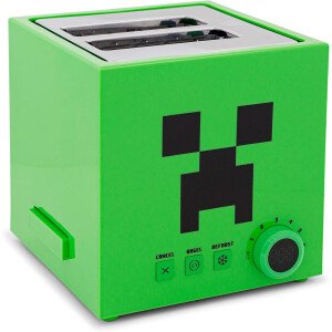 Minecraft Green Creeper - Tostadora de 2 rebanadas para bagels, waffles y panes, cuenta con 6 ajustes con opción de descongelación | Imprime el símbolo de enredadera en el pan
