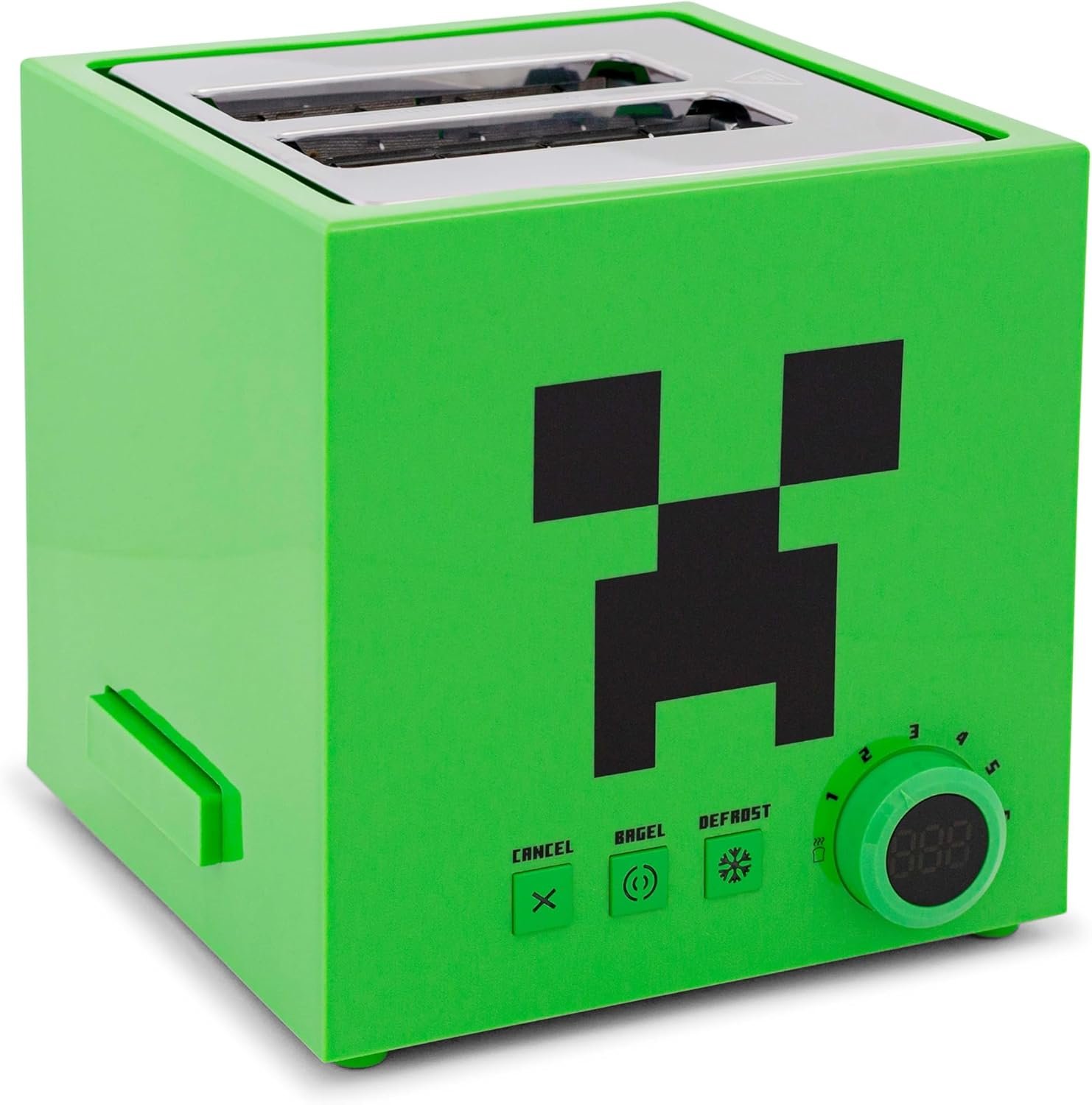 Minecraft Green Creeper - Tostadora de 2 rebanadas para bagels, waffles y panes, cuenta con 6 ajustes con opción de descongelación | Imprime el símbolo de enredadera en el pan