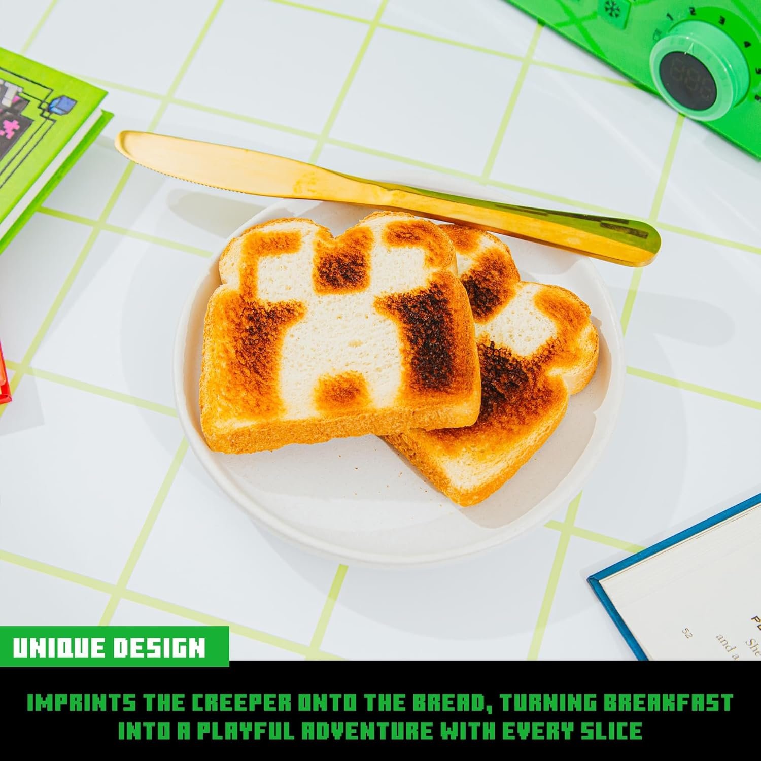 Minecraft Green Creeper - Tostadora de 2 rebanadas para bagels, waffles y panes, cuenta con 6 ajustes con opción de descongelación | Imprime el símbolo de enredadera en el pan - Imagen 4