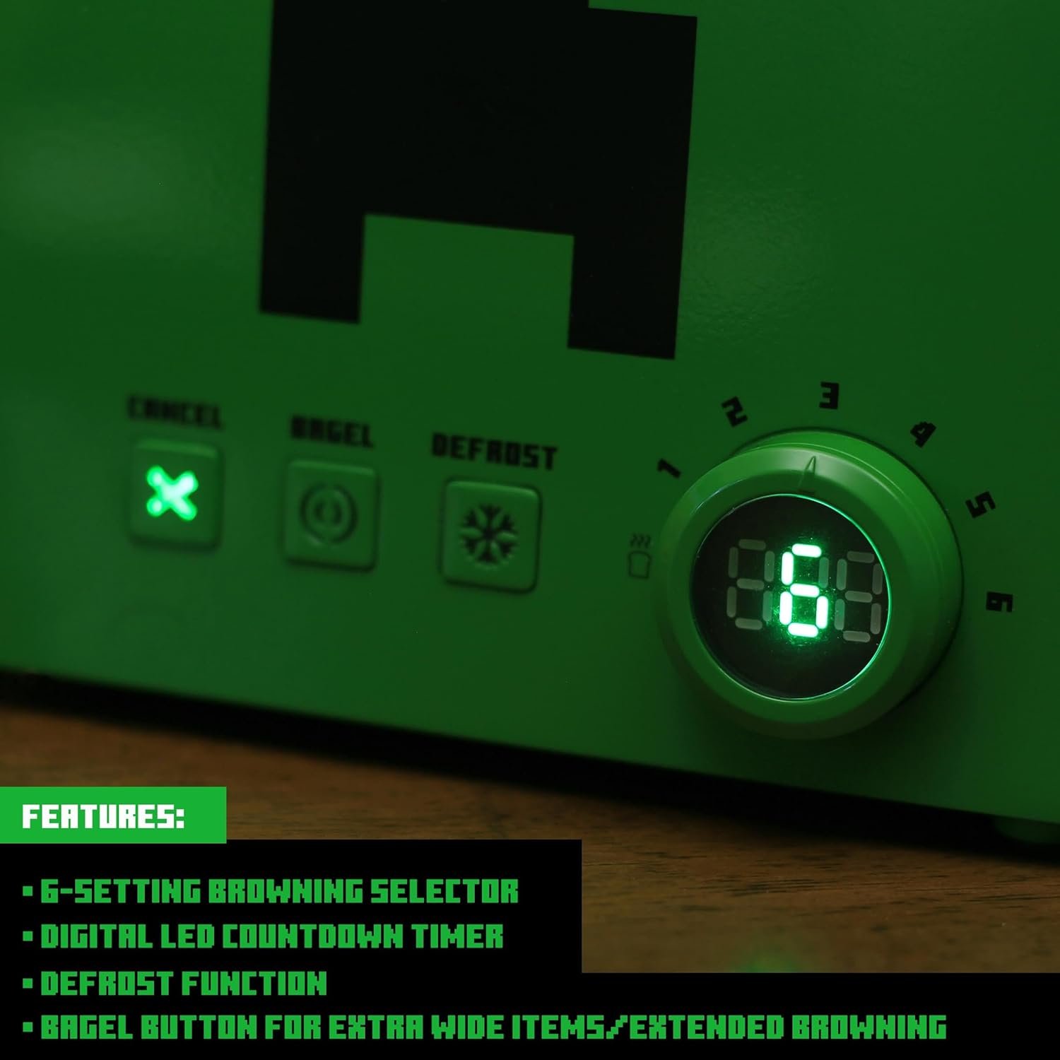 Minecraft Green Creeper - Tostadora de 2 rebanadas para bagels, waffles y panes, cuenta con 6 ajustes con opción de descongelación | Imprime el símbolo de enredadera en el pan - Imagen 5